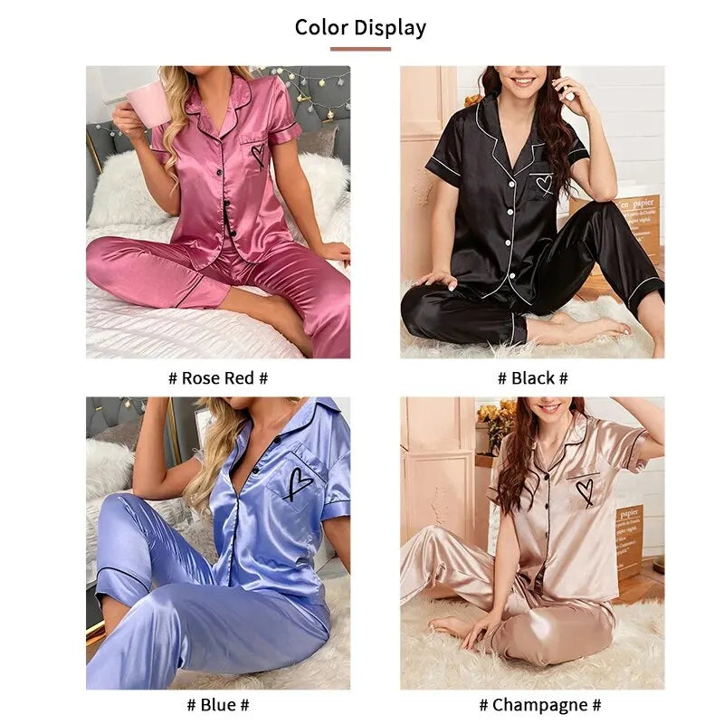 Women’s Satin Pajama Set with Heart Embroidery – Short Sleeve Button Top & Lounge Pants | Comfortable Sleepwear