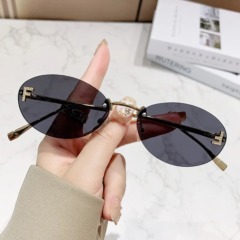 Women’s Frameless Diamond Letter Sunglasses – Fashion Oval Small Frame Shades | Anti-Glare Eyewear