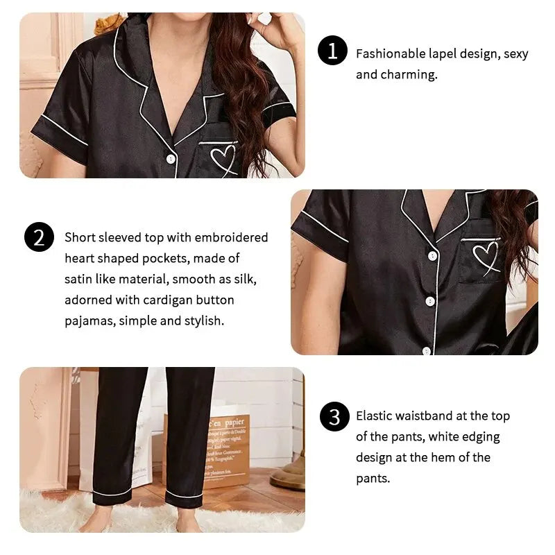 Women’s Satin Pajama Set with Heart Embroidery – Short Sleeve Button Top & Lounge Pants | Comfortable Sleepwear