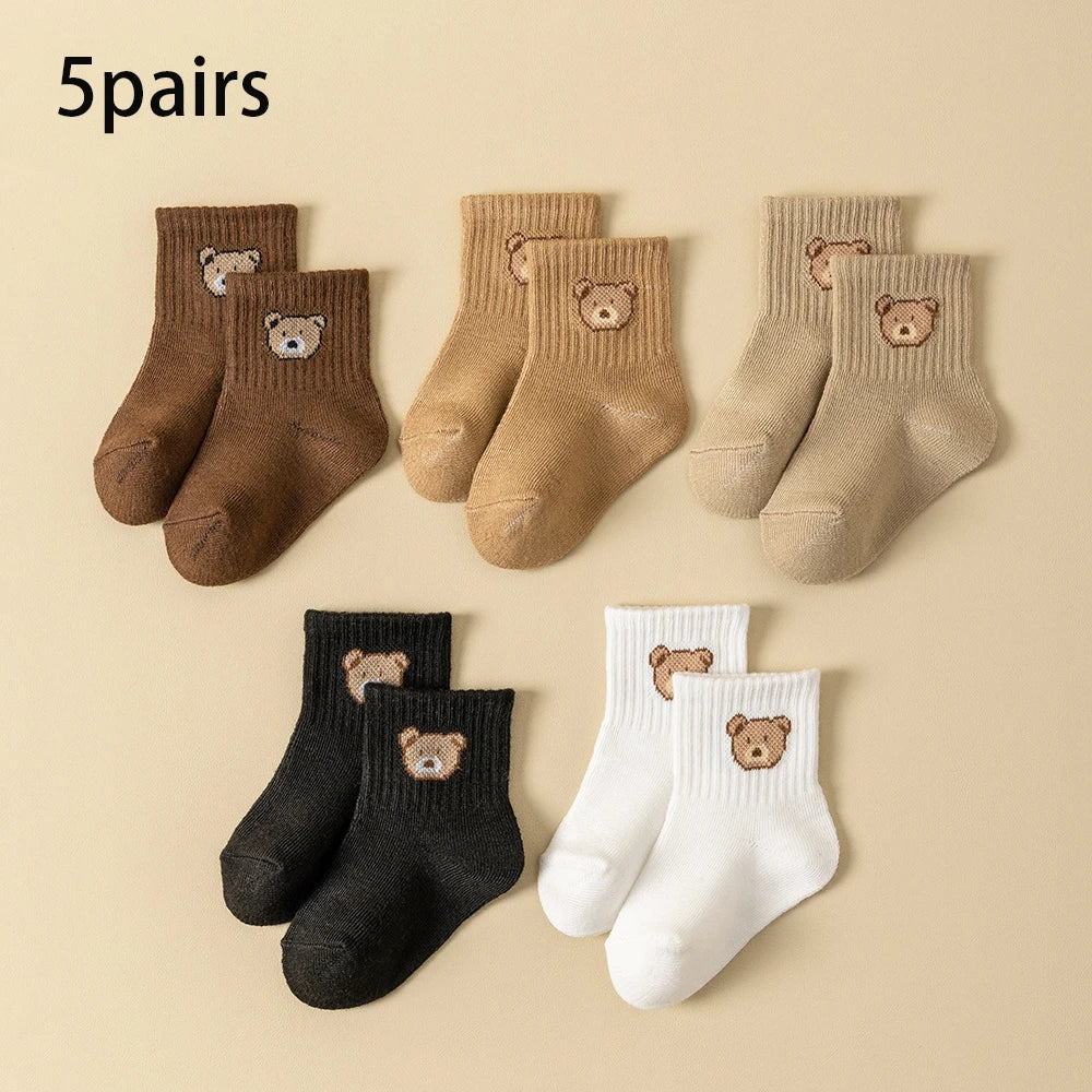 5 Pairs of Baby Socks - Soft, Breathable Toddler Socks with Cartoon Bear Pattern | Kids' Socks for All Seasons