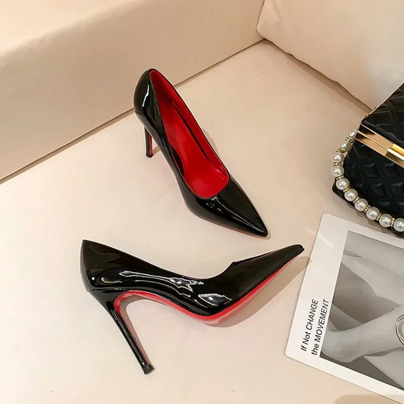Women’s Black Patent Leather High Heels – Red Sole Stilettos, Pointed Toe Slip-On Pumps for Summer