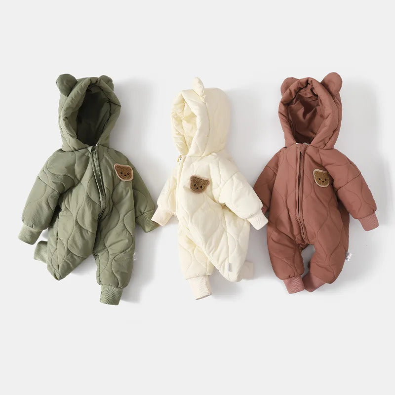 Warm Fur Lined Baby Romper with Cartoon Bear Design for Boys and Girls