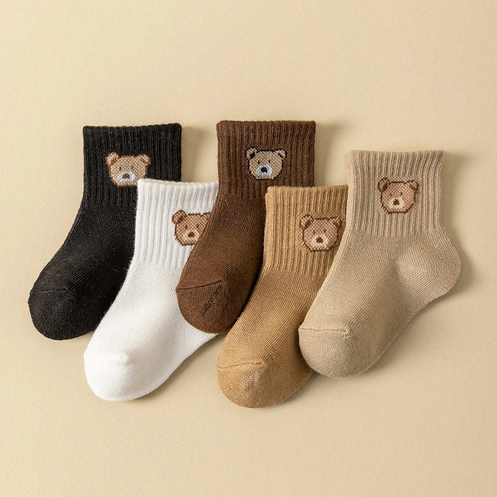 5 Pairs of Baby Socks - Soft, Breathable Toddler Socks with Cartoon Bear Pattern | Kids' Socks for All Seasons