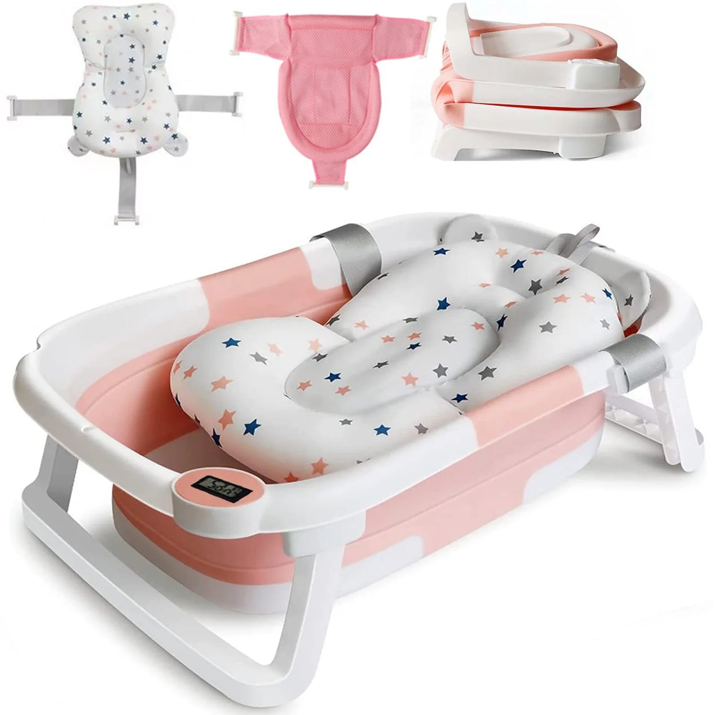 Foldable Baby Bath Tub with Cushion & Thermometer – Portable Bathtub for Newborns & Toddlers (0–36 Months) with Shower Cap & Brush