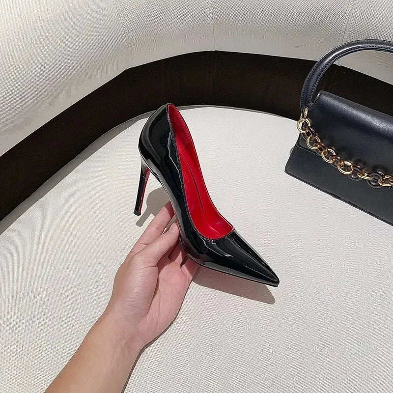 Women’s Black Patent Leather High Heels – Red Sole Stilettos, Pointed Toe Slip-On Pumps for Summer