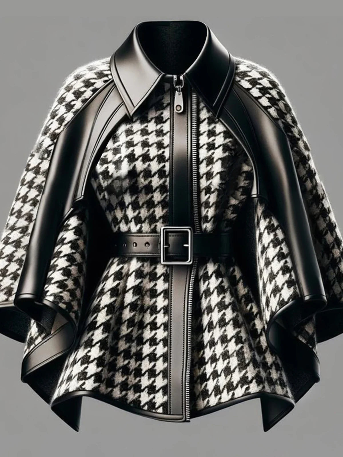 Women’s Houndstooth Pattern Jacket – Asymmetrical Cape Sleeve Harajuku Street Style Loose Zipper Coat