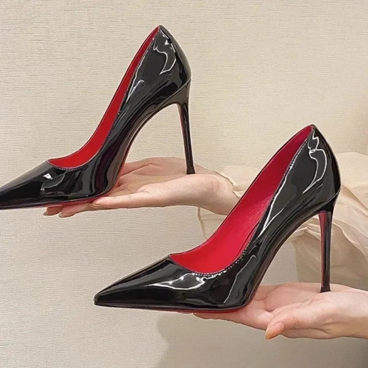Women’s Black Patent Leather High Heels – Red Sole Stilettos, Pointed Toe Slip-On Pumps for Summer