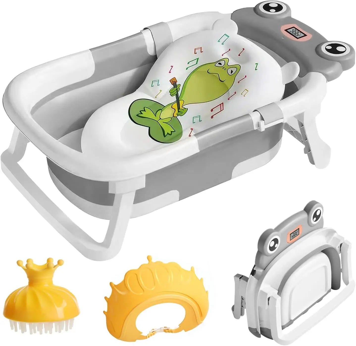 Foldable Baby Bath Tub with Cushion & Thermometer – Portable Bathtub for Newborns & Toddlers (0–36 Months) with Shower Cap & Brush