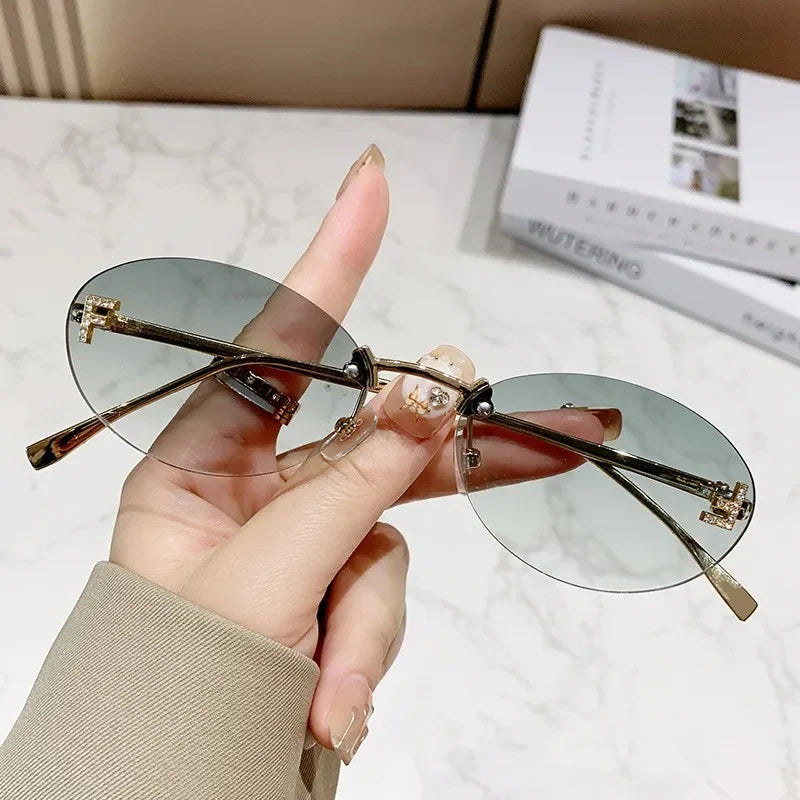 Women’s Frameless Diamond Letter Sunglasses – Fashion Oval Small Frame Shades | Anti-Glare Eyewear