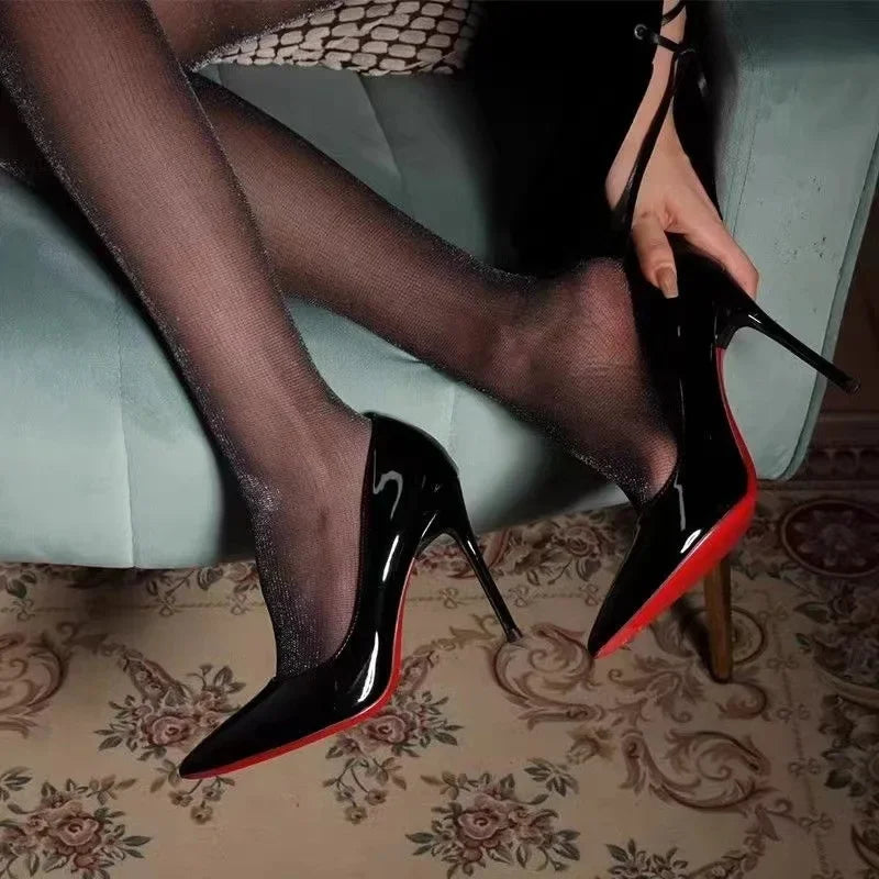 Women’s Black Patent Leather High Heels – Red Sole Stilettos, Pointed Toe Slip-On Pumps for Summer