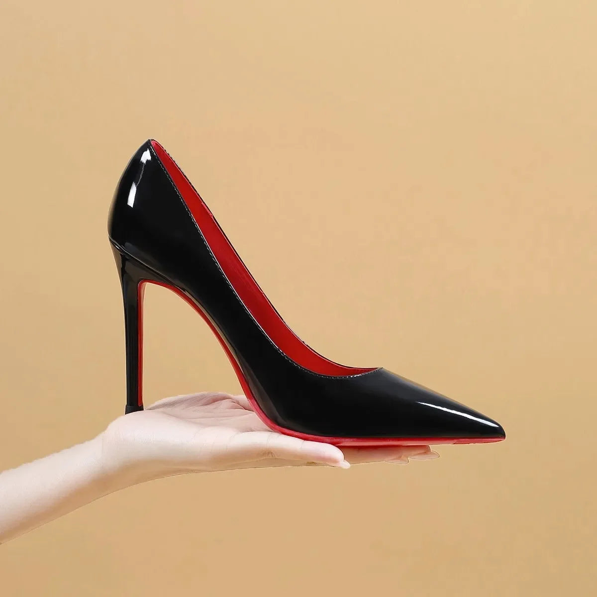 Women’s Black Patent Leather High Heels – Red Sole Stilettos, Pointed Toe Slip-On Pumps for Summer