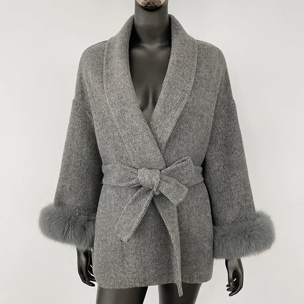 Luxury Wool Fur for Women - Elegant Belted Real Wool Fur Jacket
