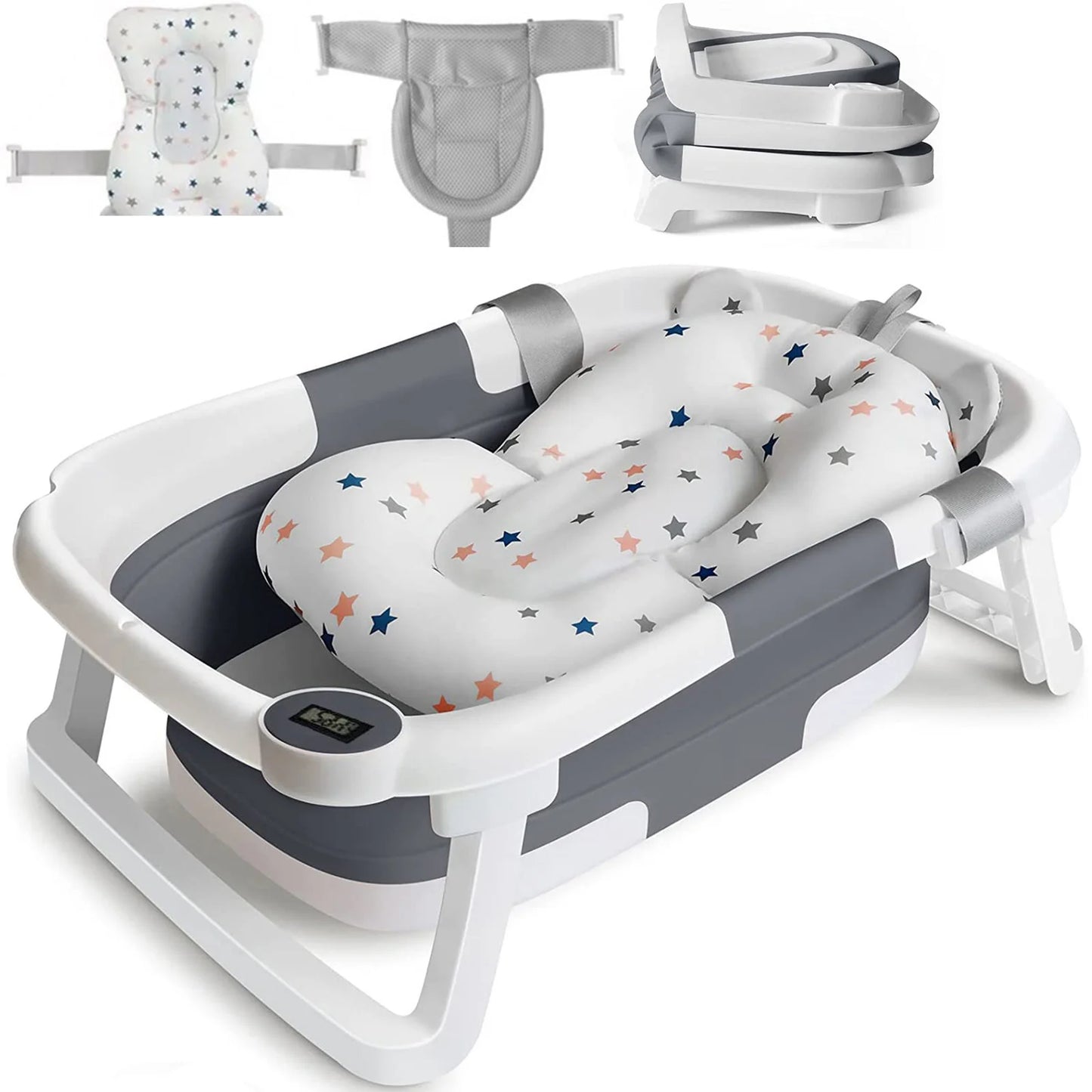 Foldable Baby Bath Tub with Cushion & Thermometer – Portable Bathtub for Newborns & Toddlers (0–36 Months) with Shower Cap & Brush