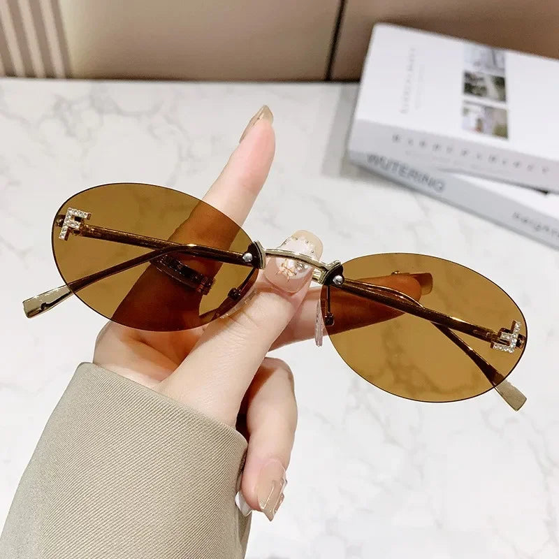 Women’s Frameless Diamond Letter Sunglasses – Fashion Oval Small Frame Shades | Anti-Glare Eyewear