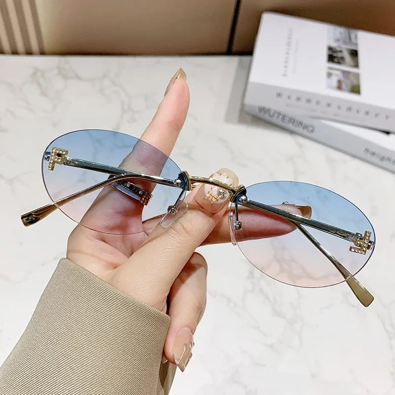 Women’s Frameless Diamond Letter Sunglasses – Fashion Oval Small Frame Shades | Anti-Glare Eyewear
