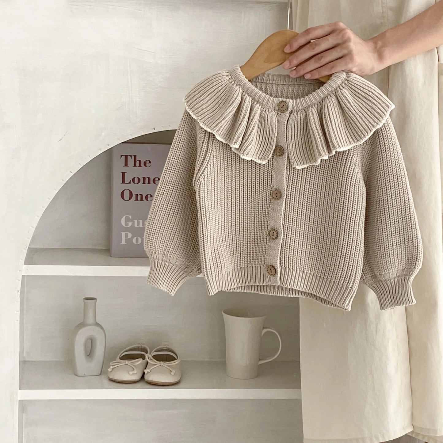 Baby Girl Knitted Cardigan - Button-Up Flounce Collar Cotton Coat, Autumn Spring Outfit for Babies and Toddlers
