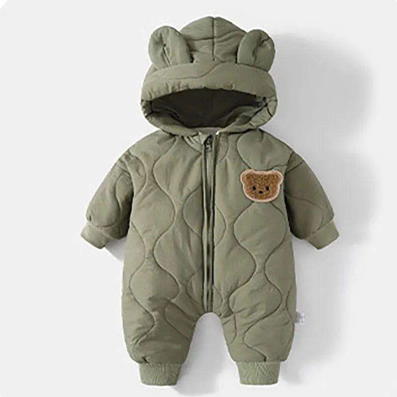 Warm Fur Lined Baby Romper with Cartoon Bear Design for Boys and Girls