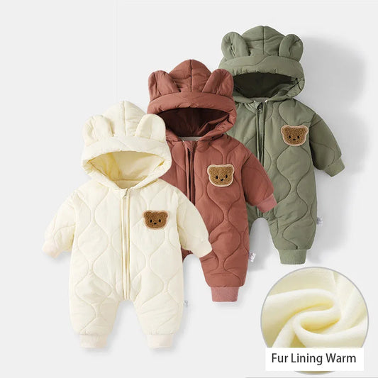 Warm Fur Lined Baby Romper with Cartoon Bear Design for Boys and Girls