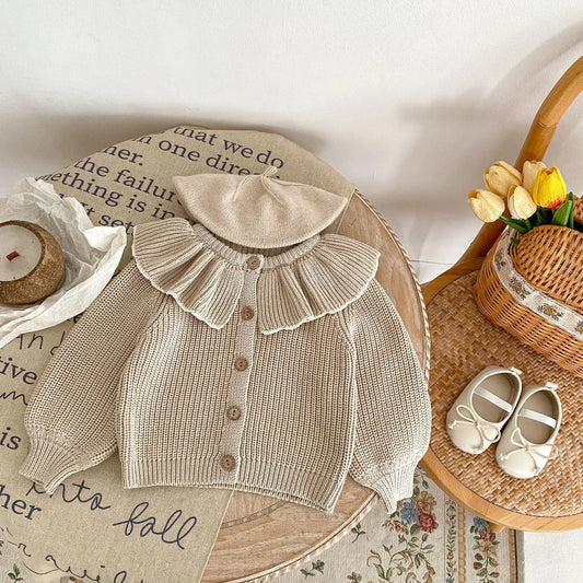 Baby Girl Knitted Cardigan - Button-Up Flounce Collar Cotton Coat, Autumn Spring Outfit for Babies and Toddlers