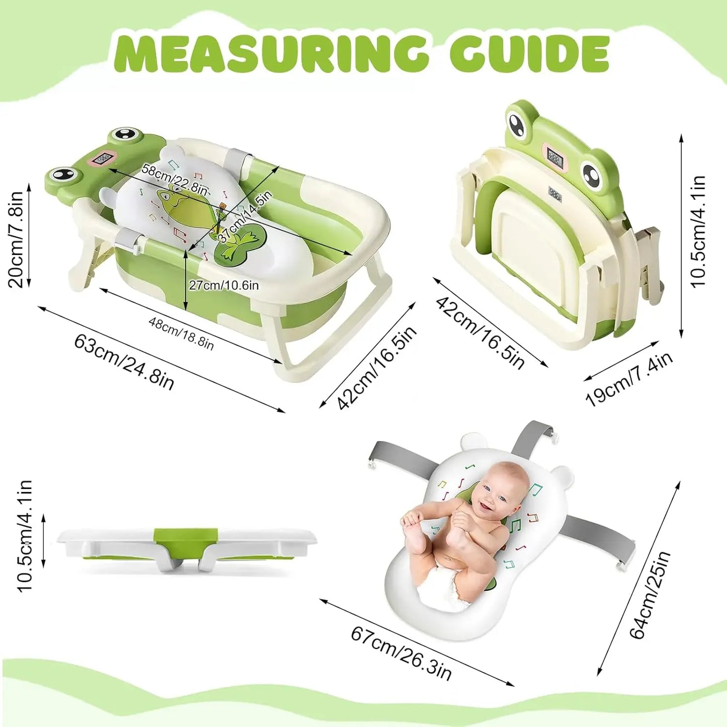 Foldable Baby Bath Tub with Cushion & Thermometer – Portable Bathtub for Newborns & Toddlers (0–36 Months) with Shower Cap & Brush