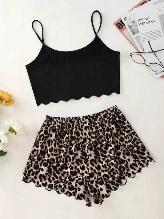 Women's Leopard Print Pajama Set - V-Neck Sleeveless Top and Shorts Nightwear Underwear