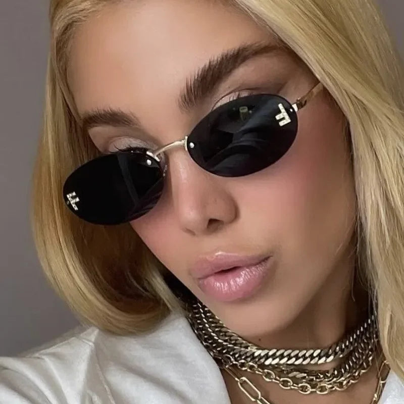 Women’s Frameless Diamond Letter Sunglasses – Fashion Oval Small Frame Shades | Anti-Glare Eyewear