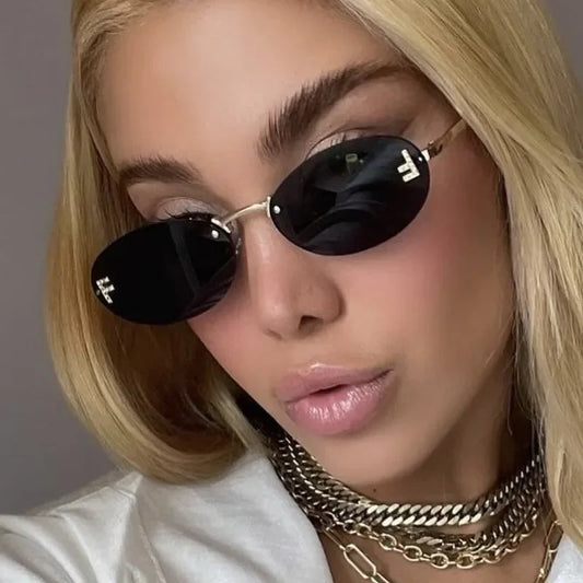 Women’s Frameless Diamond Letter Sunglasses – Fashion Oval Small Frame Shades | Anti-Glare Eyewear