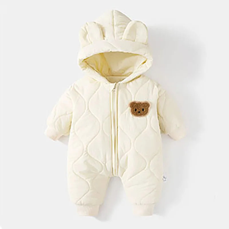 Warm Fur Lined Baby Romper with Cartoon Bear Design for Boys and Girls