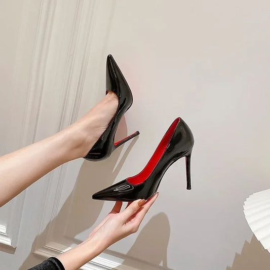 Women’s Black Patent Leather High Heels – Red Sole Stilettos, Pointed Toe Slip-On Pumps for Summer
