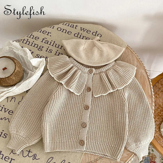 Baby Girl Knitted Cardigan - Button-Up Flounce Collar Cotton Coat, Autumn Spring Outfit for Babies and Toddlers