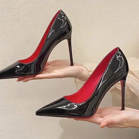 Women’s Black Patent Leather High Heels – Red Sole Stilettos, Pointed Toe Slip-On Pumps for Summer