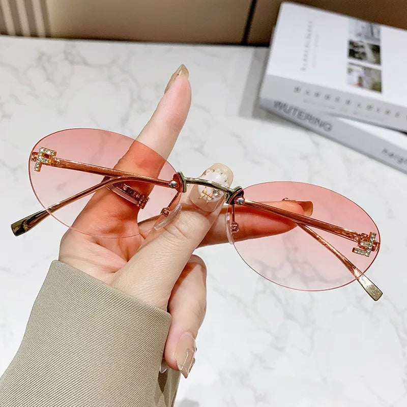 Women’s Frameless Diamond Letter Sunglasses – Fashion Oval Small Frame Shades | Anti-Glare Eyewear