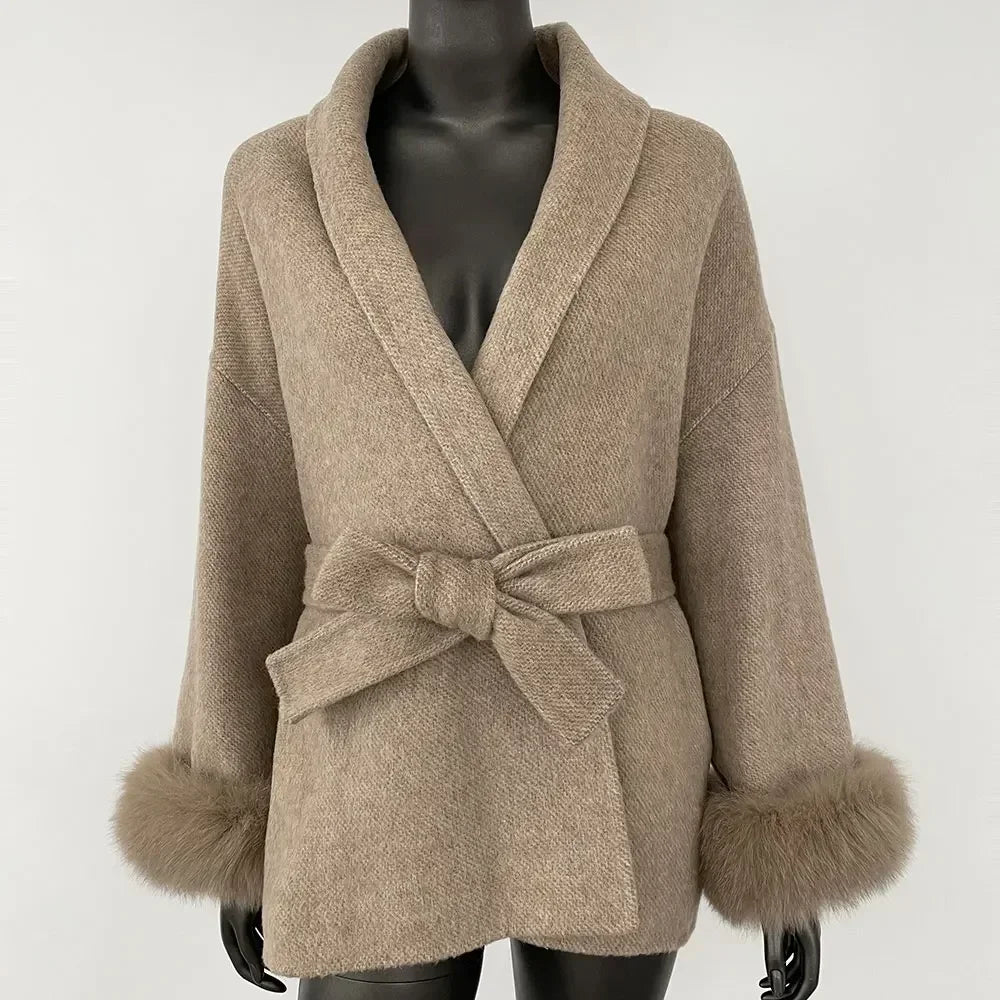 Luxury Wool Fur for Women - Elegant Belted Real Wool Fur Jacket