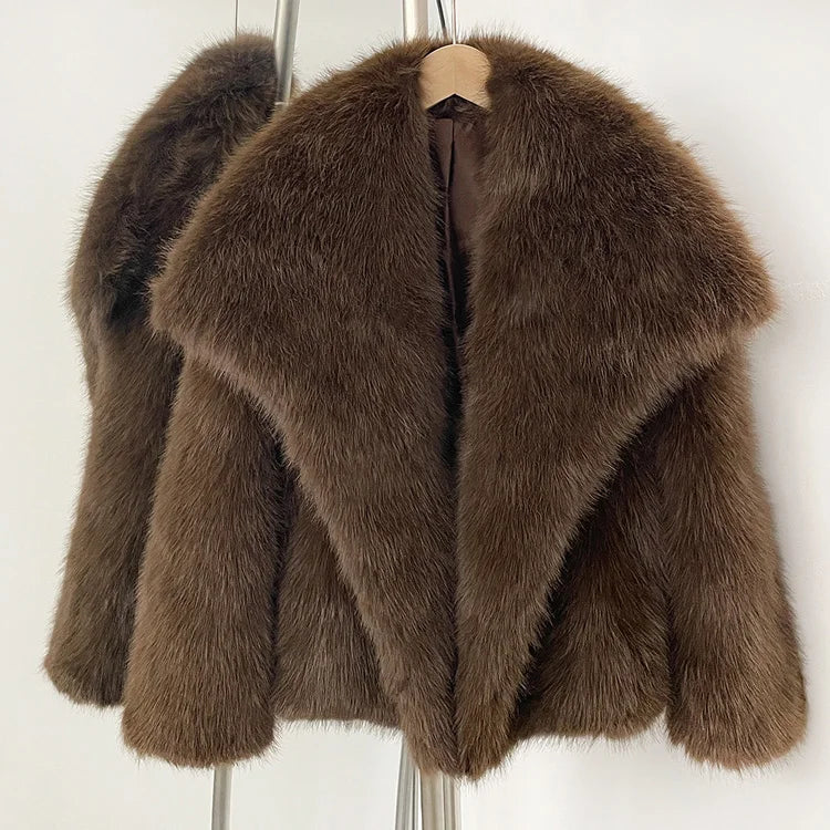 Women’s Faux Fur Jacket – Warm Fluffy Winter Coat | Long Sleeve Khaki Outwear for Autumn & Winter