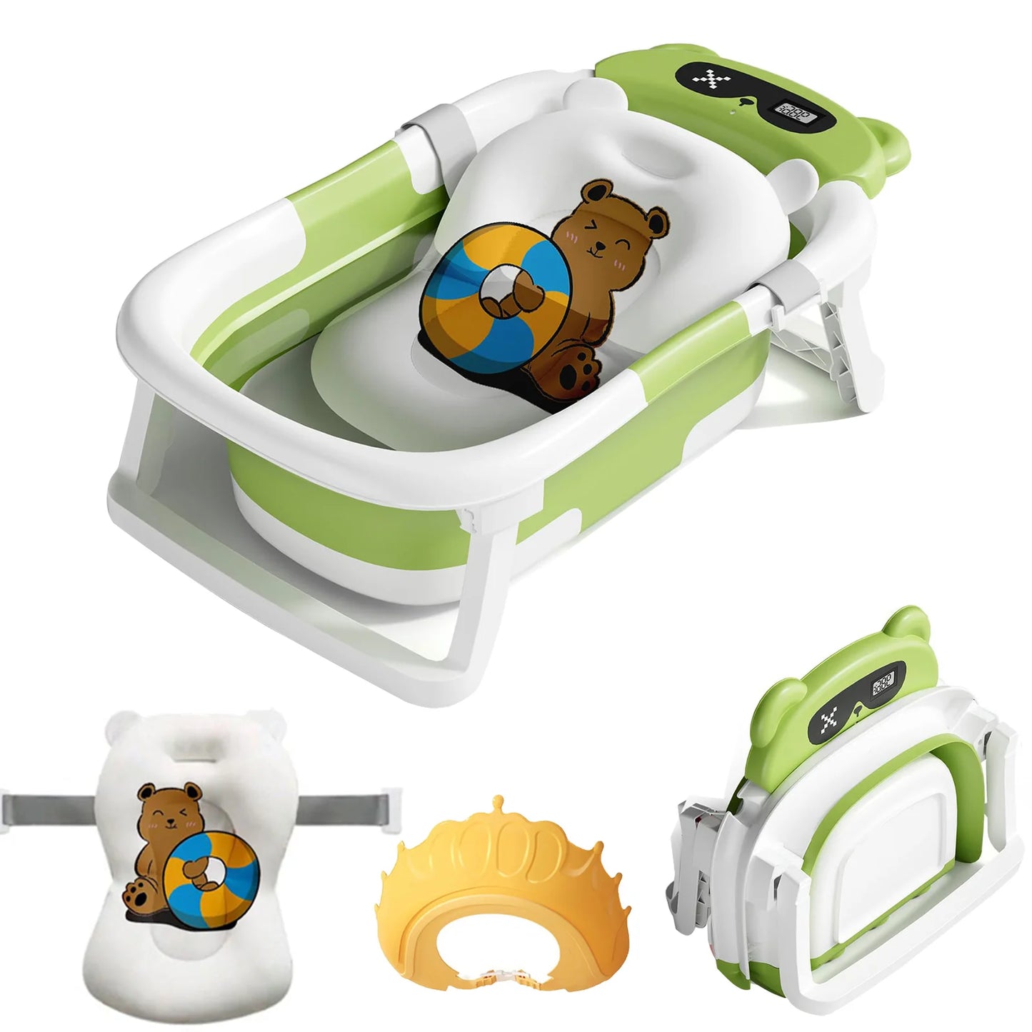Foldable Baby Bath Tub with Cushion & Thermometer – Portable Bathtub for Newborns & Toddlers (0–36 Months) with Shower Cap & Brush