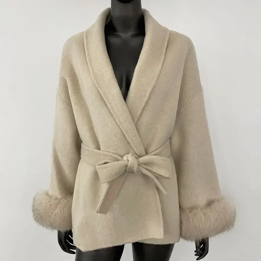 Luxury Wool Fur for Women - Elegant Belted Real Wool Fur Jacket