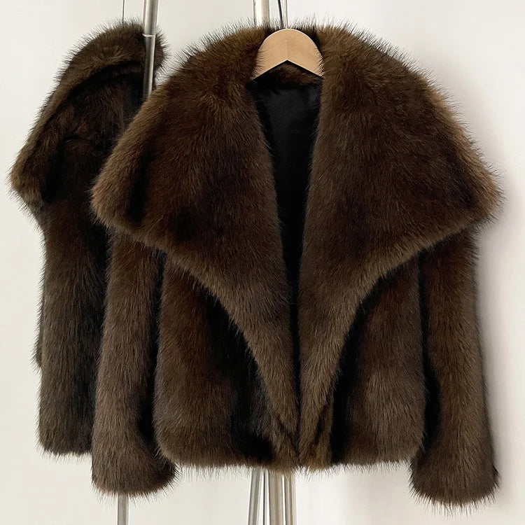 Women’s Faux Fur Jacket – Warm Fluffy Winter Coat | Long Sleeve Khaki Outwear for Autumn & Winter
