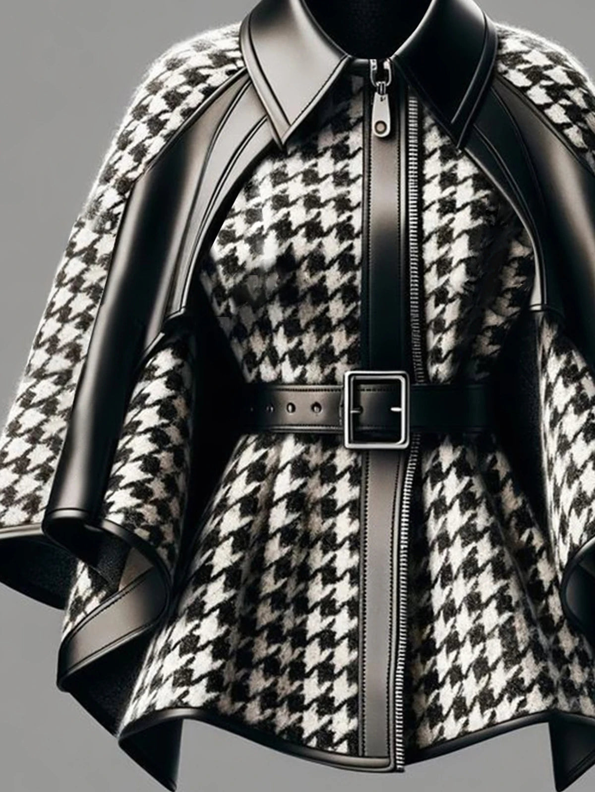 Women’s Houndstooth Pattern Jacket – Asymmetrical Cape Sleeve Harajuku Street Style Loose Zipper Coat