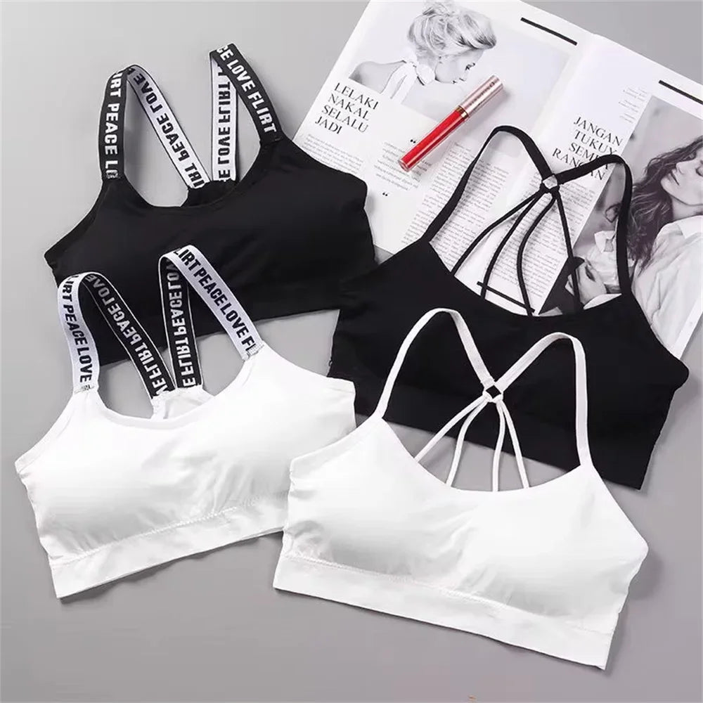 Women’s Letter Strap Back Sports Bra – Wireless, Padded, Wrap Chest Fitness & Yoga | Buy More, Pay Less
