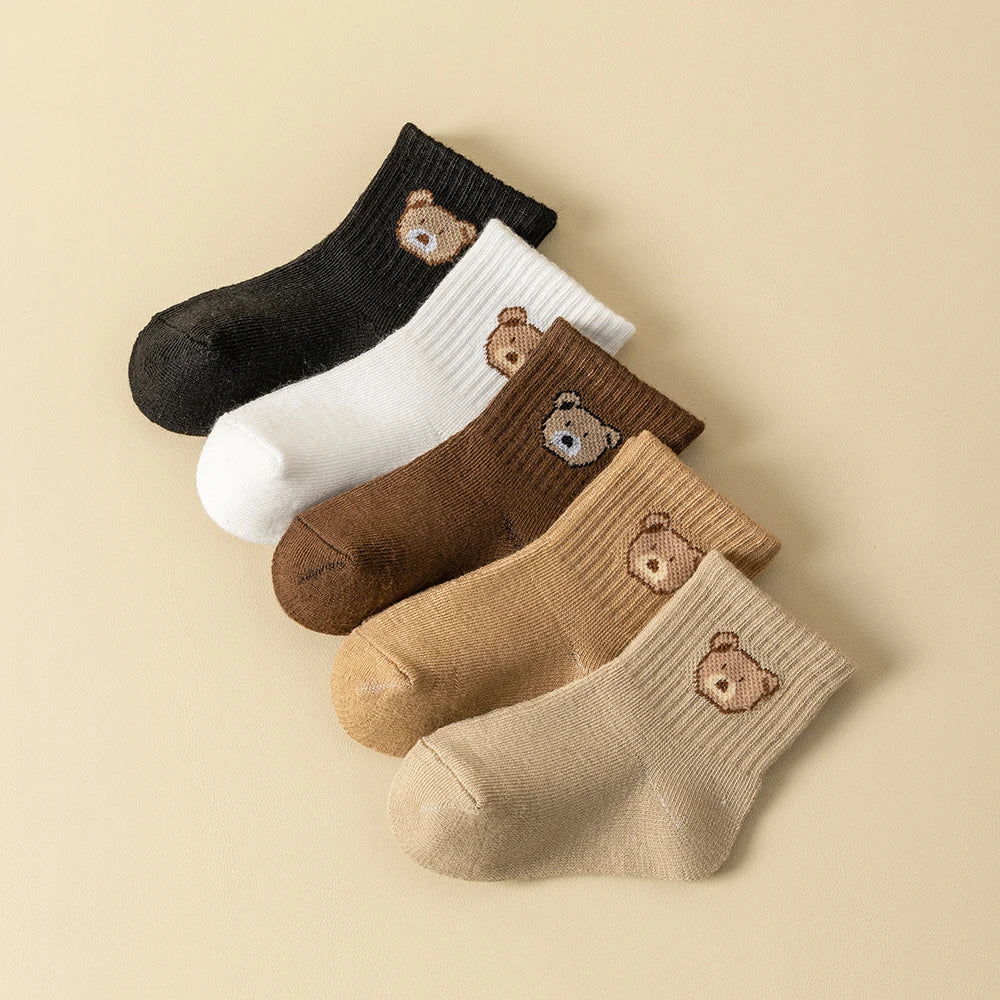 5 Pairs of Baby Socks - Soft, Breathable Toddler Socks with Cartoon Bear Pattern | Kids' Socks for All Seasons