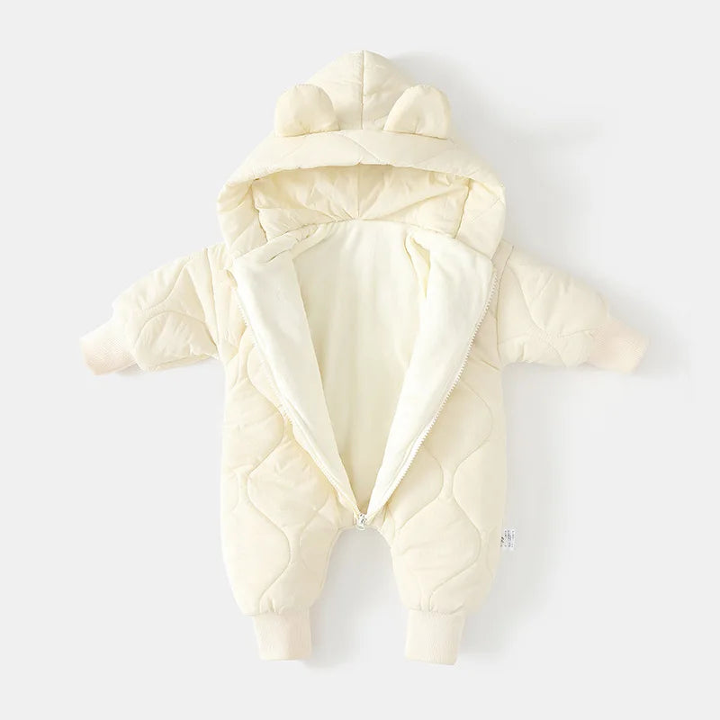 Warm Fur Lined Baby Romper with Cartoon Bear Design for Boys and Girls