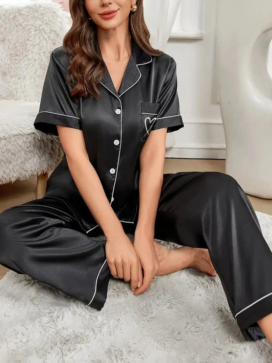 Women’s Satin Pajama Set with Heart Embroidery – Short Sleeve Button Top & Lounge Pants | Comfortable Sleepwear