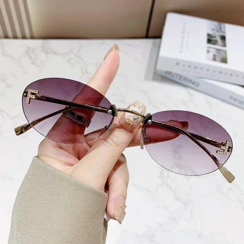 Women’s Frameless Diamond Letter Sunglasses – Fashion Oval Small Frame Shades | Anti-Glare Eyewear