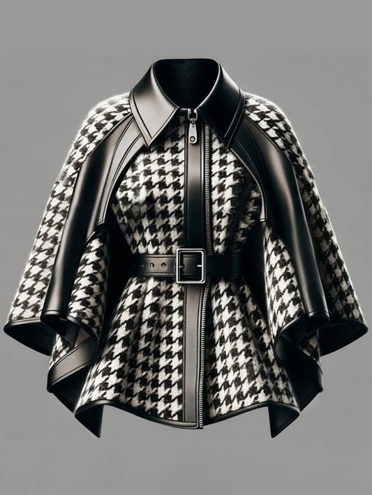 Women’s Houndstooth Pattern Jacket – Asymmetrical Cape Sleeve Harajuku Street Style Loose Zipper Coat