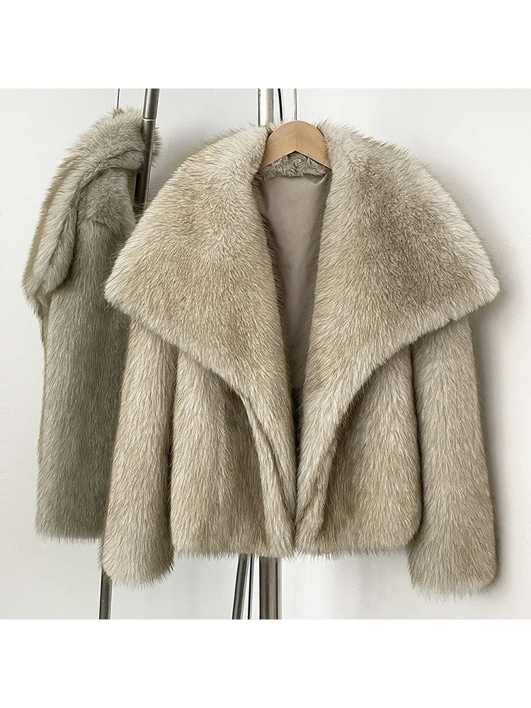 Women’s Faux Fur Jacket – Warm Fluffy Winter Coat | Long Sleeve Khaki Outwear for Autumn & Winter