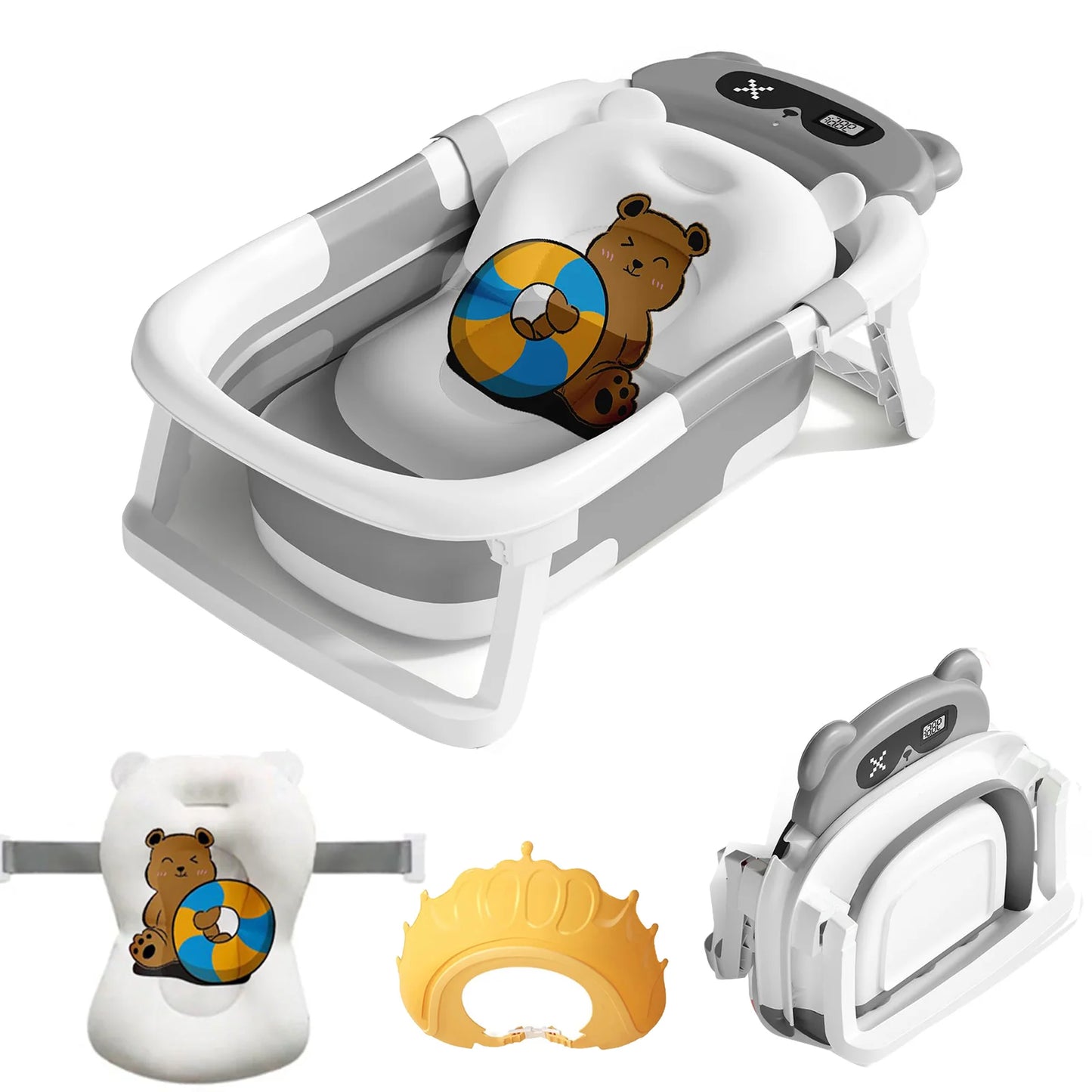 Foldable Baby Bath Tub with Cushion & Thermometer – Portable Bathtub for Newborns & Toddlers (0–36 Months) with Shower Cap & Brush