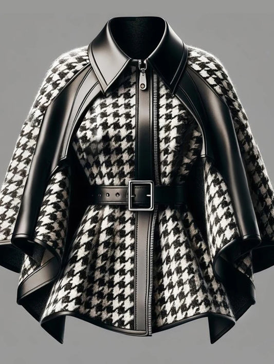 Women’s Houndstooth Pattern Jacket – Asymmetrical Cape Sleeve Harajuku Street Style Loose Zipper Coat