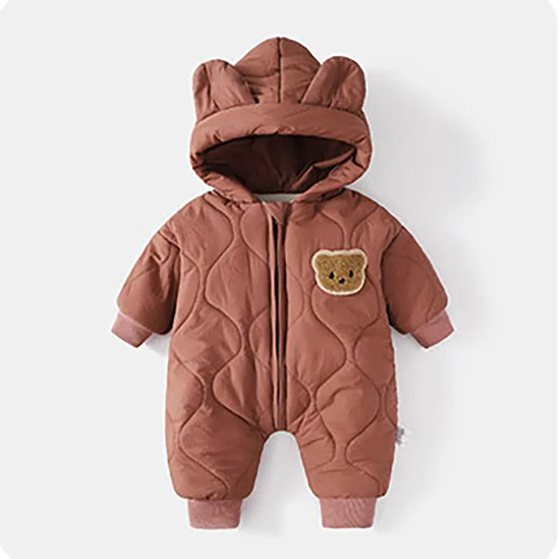 Warm Fur Lined Baby Romper with Cartoon Bear Design for Boys and Girls