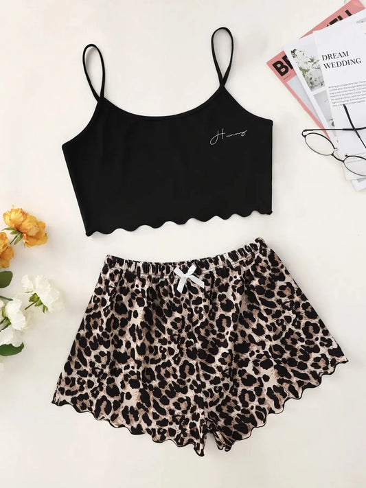 Women's Leopard Print Pajama Set - V-Neck Sleeveless Top and Shorts Nightwear Underwear