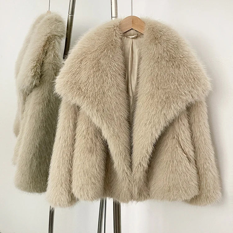 Women’s Faux Fur Jacket – Warm Fluffy Winter Coat | Long Sleeve Khaki Outwear for Autumn & Winter